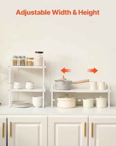 VEVOR Adjustable Kitchen Cabinet Shelf Organizer, Expandable 2 Tier Cabinet Shelf, Stackable Countertop Organizers and Storage Risers, Pantry for Kitchen Bathroom Office, White