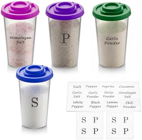 Plastic Salt and Pepper Shakers Set with 4 Color Lids & 20 Labels
