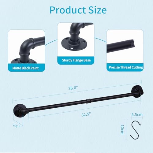 38 inch Pipe Hanging Rail for Pots, Pans, Lids, Kitchen Utensils, Wall Mounted Rail Rack Pipe Bar with 10 S Hooks Indutrial Style, Black