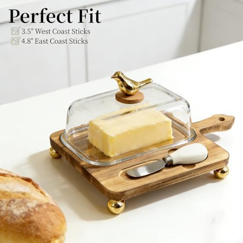 HAN SHENG Gold Bird Butter Dish with Glass Lid Knife, Butter Storage