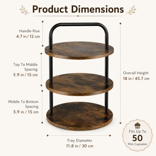 3-Tier Wood Serving Stand, 50 Cupcakes Round Tiered Display Tray with