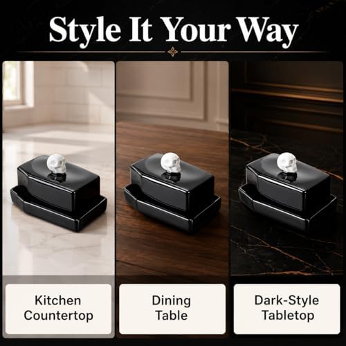 Skull Ceramic Butter Dish with Lid and Butter Spreader