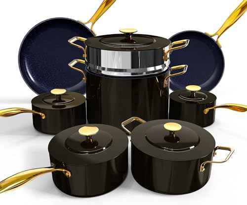 Nuwave Lux LE 13Pc Ceramic Cookware Set with Elegant Gold Handle, PFAS