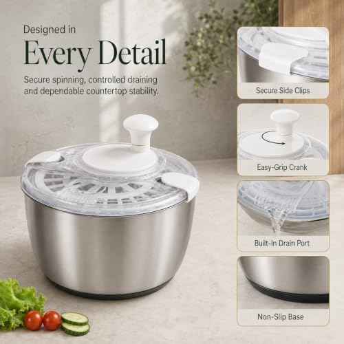 5.3 Qt Stainless Steel Salad Spinner with Storage Lid, Beige White