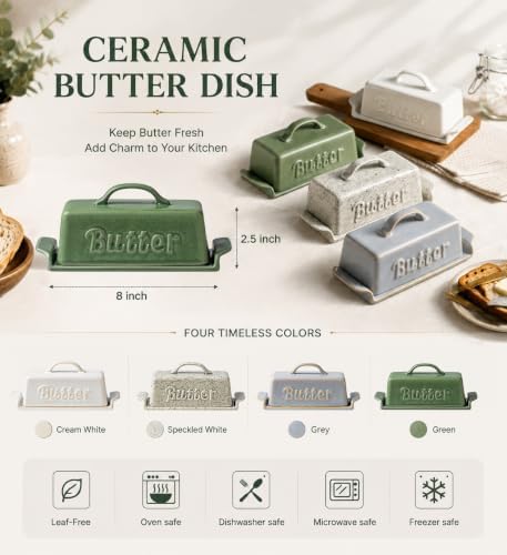 LYEOBOH Ceramic Butter Dish with Lid, Butter Dish Holder for