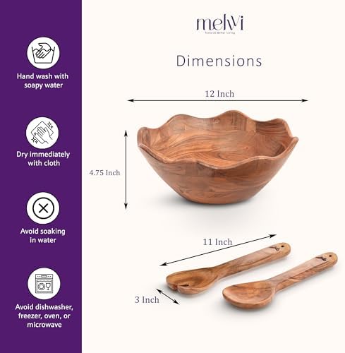 Melvvi Wooden Salad Bowl Set, Large 12 Inch Acacia Serving Bowl