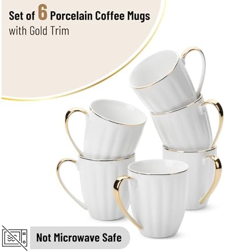 BTaT- White Porcelain Coffee Mug Set, 6 Pack, 12oz, Gold Trim Design