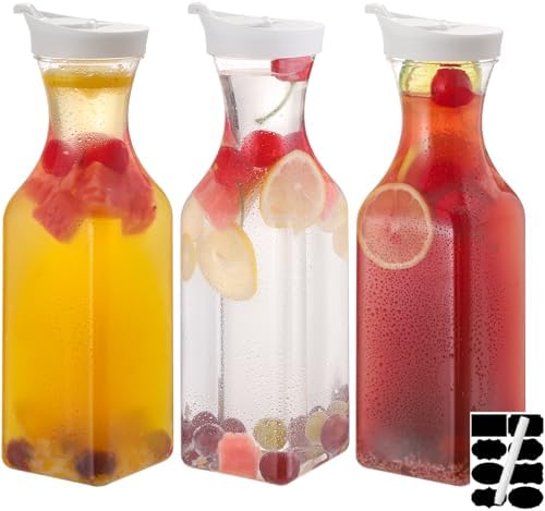 3 Pcs 32 Oz Plastic Water Carafe Pitcher with Flip Top Lid, Square