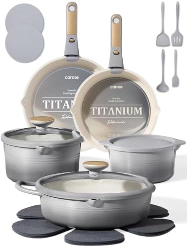 CAROTE 20pcs Titanium Cookware Set, Pots and Pans Set Detachable