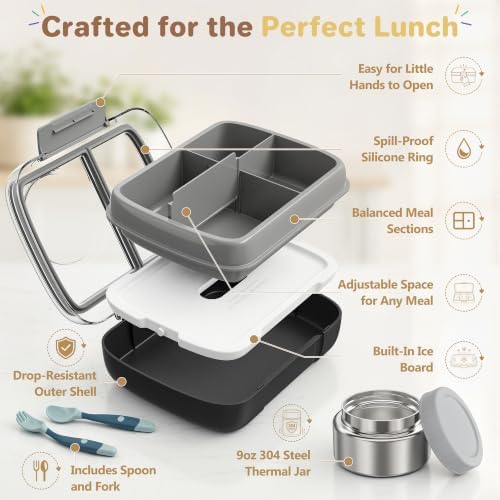 Kids 3-Compartment Bento Lunch Box with 9oz Food Jar