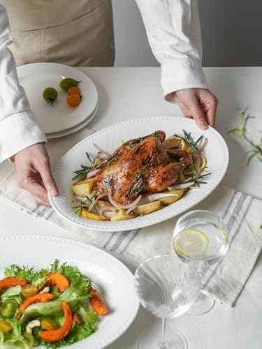 Kanwone Ceramic Large Serving Bowls, Oval Serving Platters for Entertaining, 13" Porcelain Serving Dishes for Dinner, Pasta, Salad, Turkey, Fruit, Bread, Appetizers, Microwave Safe, White, Set of 2