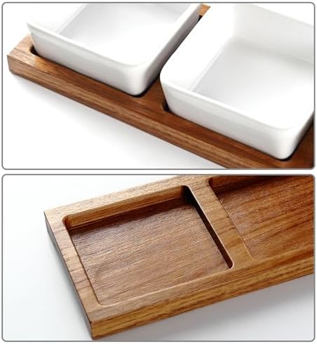 3 Pack Chip & Dip Serving Set with Wooden Tray, Oven Safe Bowls for