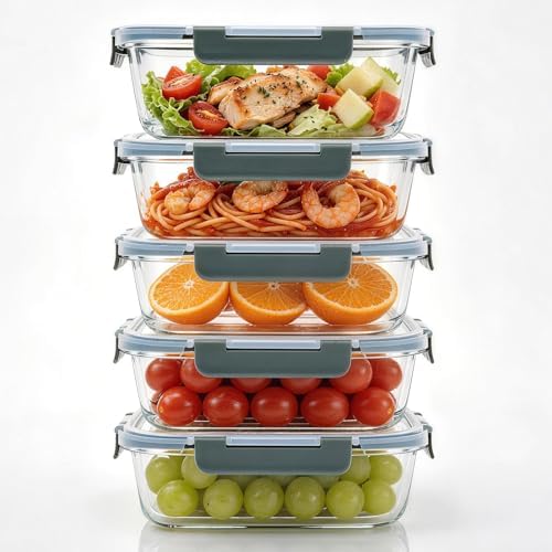 5-Pack 22 oz Glass Storage Containers with Lids, Grey