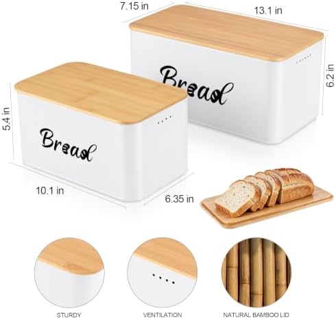 Metal Bread Box Set of 2 with Bamboo Lid, Modern Bread Storage Containers with Air Vents, Bamboo Cutting Board Lid, Farmhouse Kitchen Decor Organizer for Countertop, 2-Size (Large & Small)White