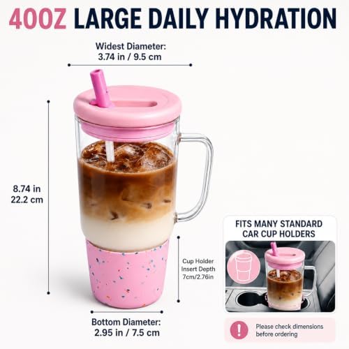40oz Glass Tumbler with Flip Straw Lid, Handle, Silicone Sleeve, Pink
