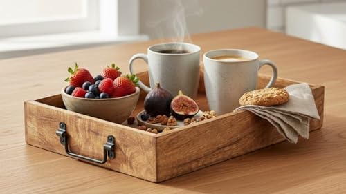 Wooden Decorative Serving Tray with Metal Handles | Wood Trays for