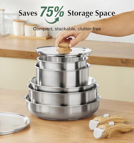 KOCH SYSTEME CS Stainless Steel Cookware Set, 18/10 Stainless Steel Pots and Pans Set 11PCS, Detachable Handle Pots and Pans for Easy Storage, Removable Handle Cooking Set, Induction Compatible