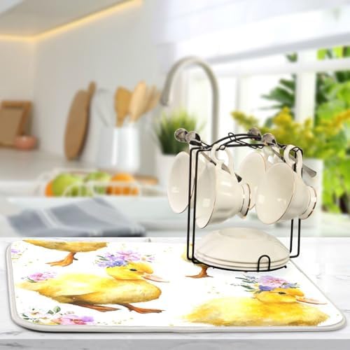 OTVEE Baby Duck Pattern Dish Drying Mat for Kitchen Counter Absorbent