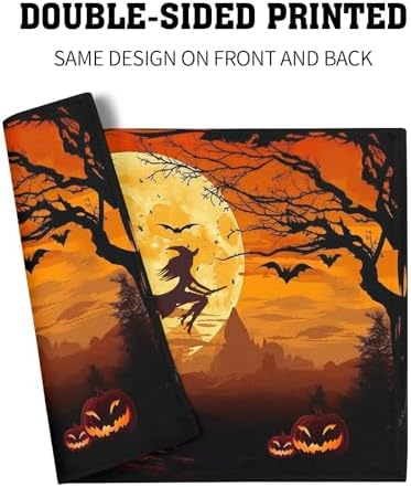 Halloween Witch Placemats Set of 6 18x12 Inch Bat Castle Pumpkin Linen