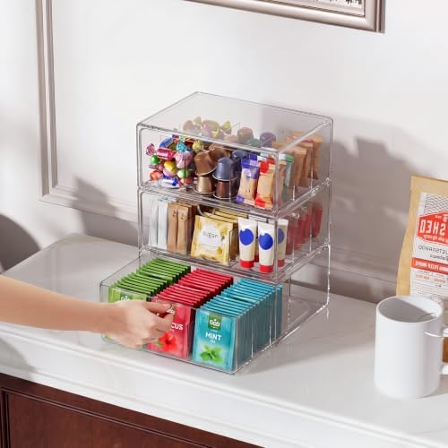 2 Pack Clear Tea Bag Organizer, Stackable Drawer Organizer with