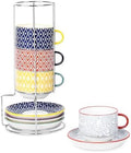 Selamica Ceramic Cappuccino Cups with Saucers and Metal Stand, 8 OZ