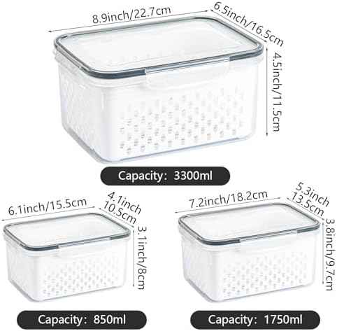 3 PCS Fruit Storage Containers for Fridge with Removable Colander