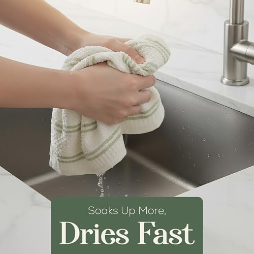 Kitchen Towels, Cotton Hand Towels, Sage Green and Cream Ribbed - Mini