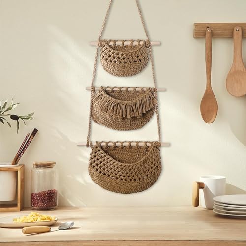 Hanging Fruit Baskets Indoor Planter Holder 3 Tiers Storage Bin Woven