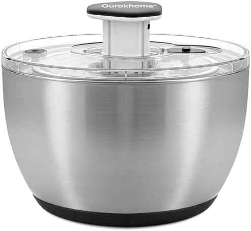 Ourokhome 6.3 QT Stainless Steel Salad Spinner, Large Lettuce Spinner with One-Hand Press Pump, Brake Button, Non-Slip Base and Retractable Handle, Vegetable Washer & Dryer for Greens, Fruits and Herb