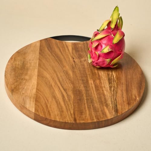 Wooden Round Serving Platter Tray 14'' with Metal Handle | Handmade