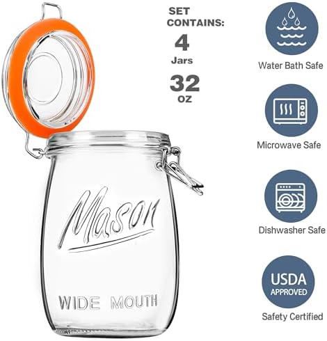 Anwoi 32OZ Wide Mouth Glass Storage Jars with Airtight Hinged Lids