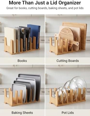 2 Pack Bamboo Pot Lid Organizer for Drawer & Cabinet, 6-Slot Lid Holder