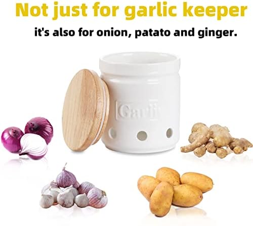 ONTUBE Garlic Keeper with Wooden Lid, 4.5-Inch Ceramic Garlic Holder