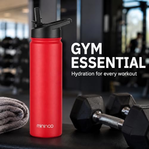 mininoo 24 oz Insulated Water Bottle with Straw Lid, Stainless Steel