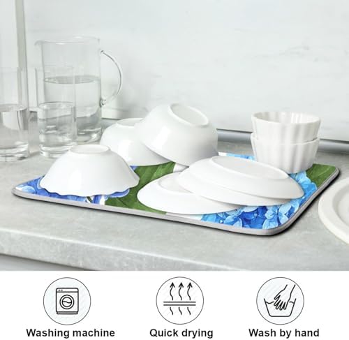 OTVEE Blue Hydrangea Nature Art Dish Drying Mat for Kitchen Counter