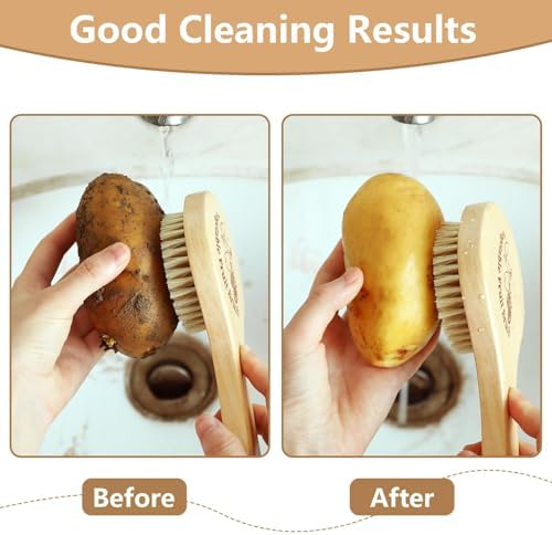 Vegetable Brush Set of 2, Natural Wooden Potato Scrubber for Cleaning