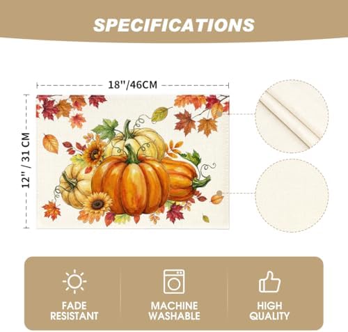 Artoid Mode Pumpkins Maple Leaves Fall Placemats Set of 4, 12x18 Inch