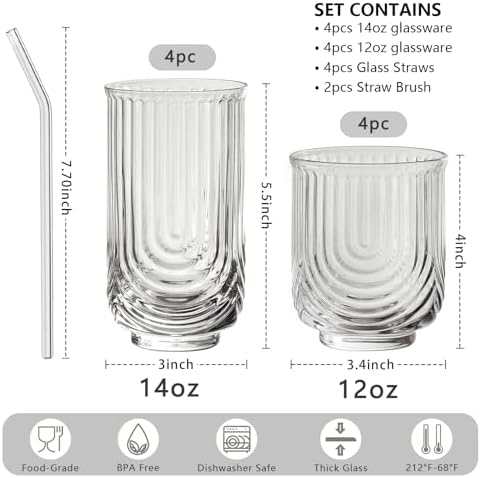 INSETLAN Water Drinking Glasses Set of 8-4 Highball Glasses 14 oz, 4