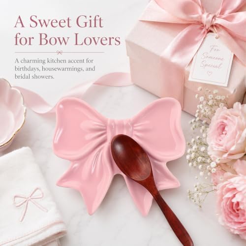 Pink Bow Spoon Rest for Stove Top, Cute Ceramic Spoon Holder