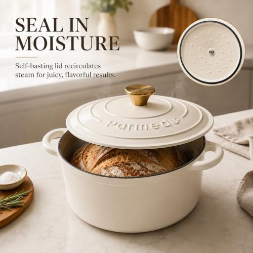 Parmedu 5.5QT Enameled Cast Iron Dutch Oven for Sourdough Bread White