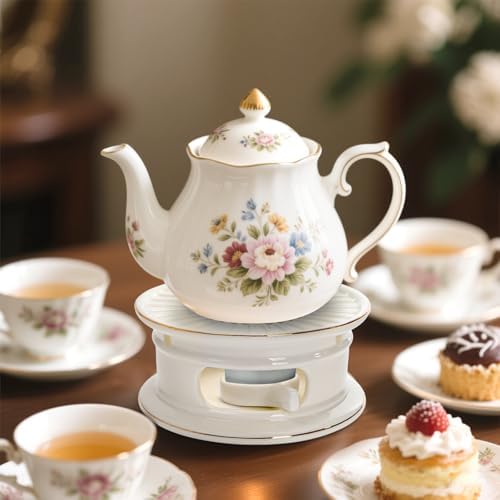 Ceramic Teapot Warmer, Gold Rim Teapot Heater with Tealight Holder