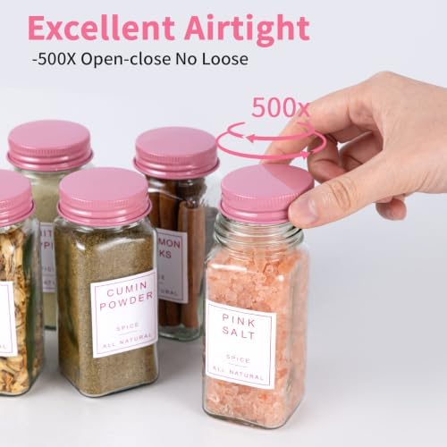 FavorFlavor 24pcs 4oz Glass Spice Jars with Labels & Pink Lids for