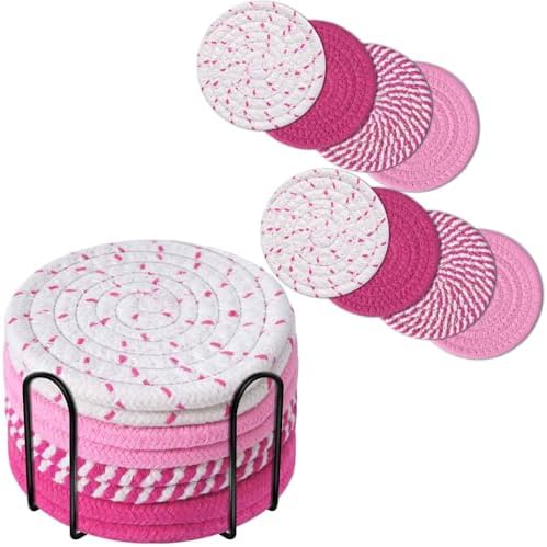 Drink Coasters 8 Pack with Holder, 4-Color Cotton Woven Absorbent