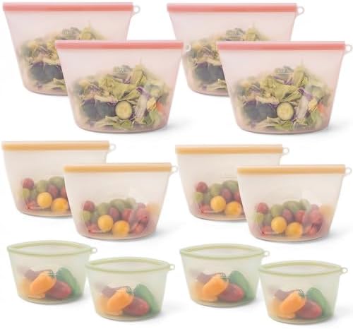 12-Packs Slider Reusable Silicone Food Storage Bags, 100% Silicone
