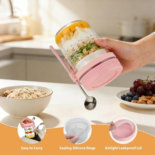 Overnight Oats Containers, 6 Pack 16 oz Glass Mason Jars