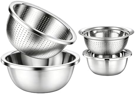 4-Piece Stainless Steel Mixing Bowls and Microporous Colanders Set, 3QT & 5QT Nesting Bowls with Fine Drain Strainers for Washing Rice, Fruits, Vegetables, Pasta, and More