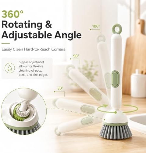 2Pcs 360° Rotating Dish Brush with Soap Dispenser, Non-Slip Long