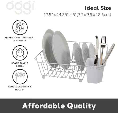 Oggi Compact Dish Drying Rack - White Metal Dish Drainer Rack, Drying Rack Kitchen, Dish Rack, Dish Racks for Kitchen Counter, Durable Coated Metal Kitchen Drying Rack with Cutlery Holder
