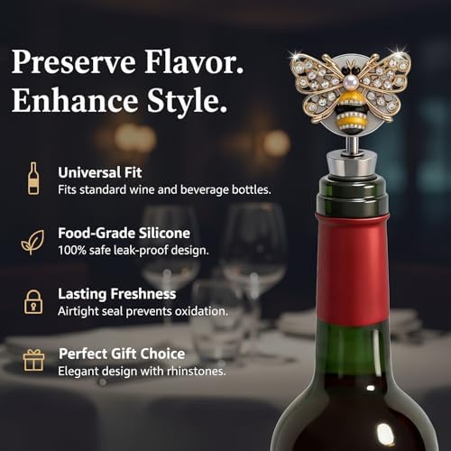 Bee Wine Stopper (Set of 2), Gold Enamel Bumblebee Bottle Topper with