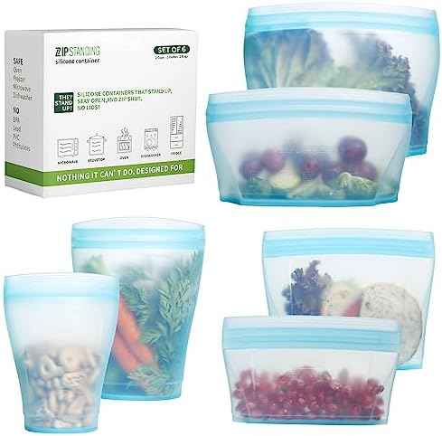 Zip Standing Reusable food container, silicone bag, 6 Pcs Zip
